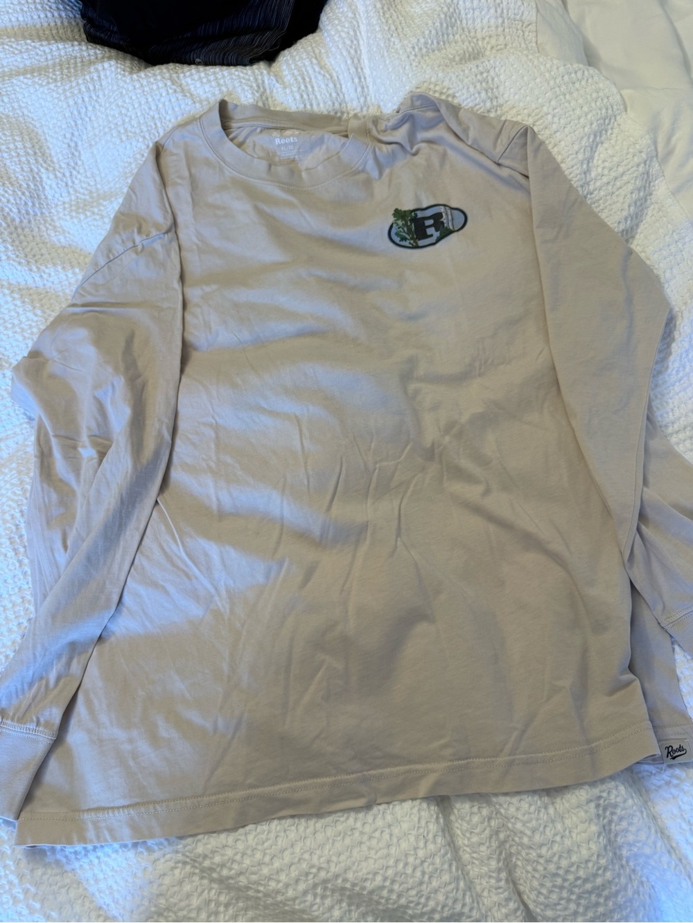 Roots Men's Long Sleeve Tee in Light Taupe with Green Logo